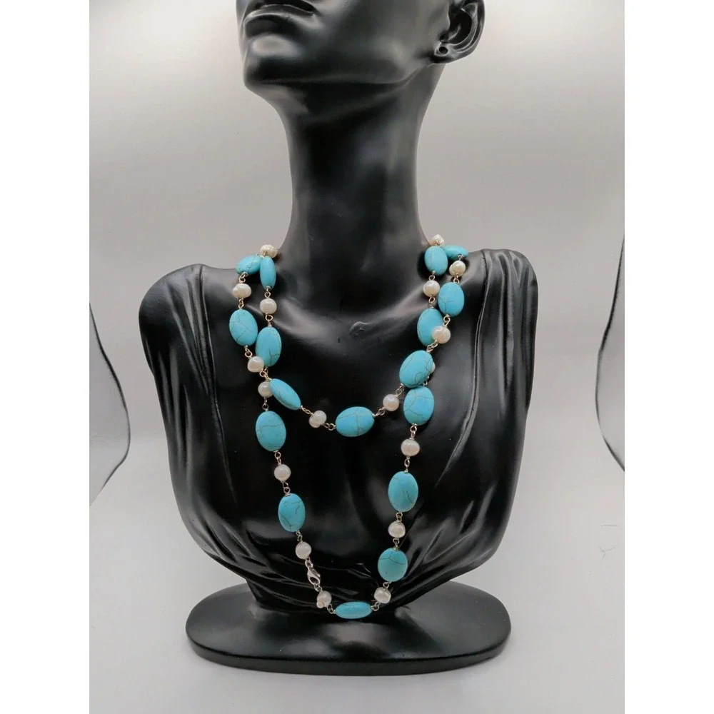 Vintage Long Strand Necklace With Faux Turquoise And Pearls